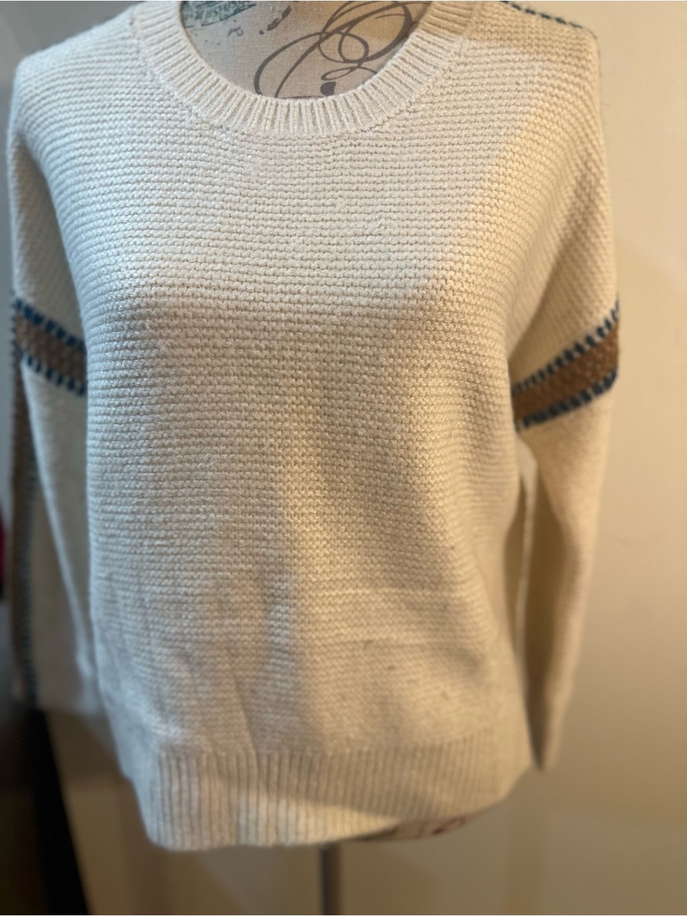 Cream Crewneck Sweater with Navy & Tan Sleeve Accents